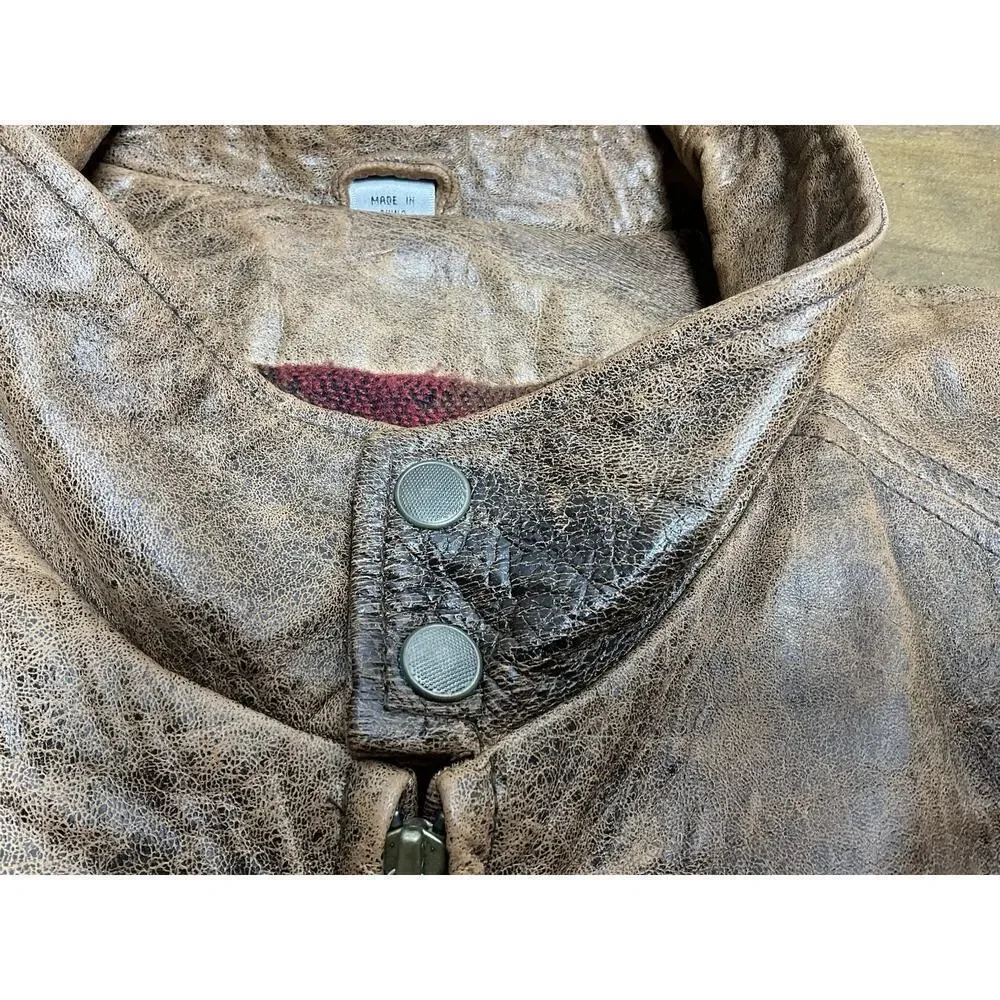 Context Vintage 90s Leather Bomber Jacket Brown Size Aztec Lining Full Zip XLT